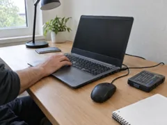 Illustrative scene of hands-on laptop assessment at a home desk