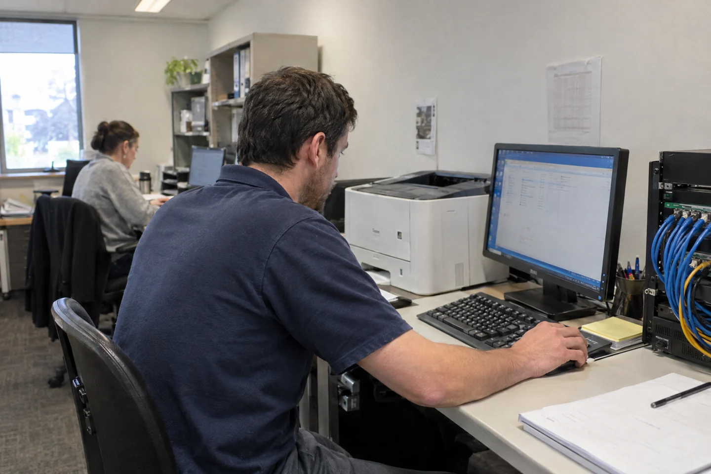Illustrative scene of a technician checking a workplace computer and shared printer