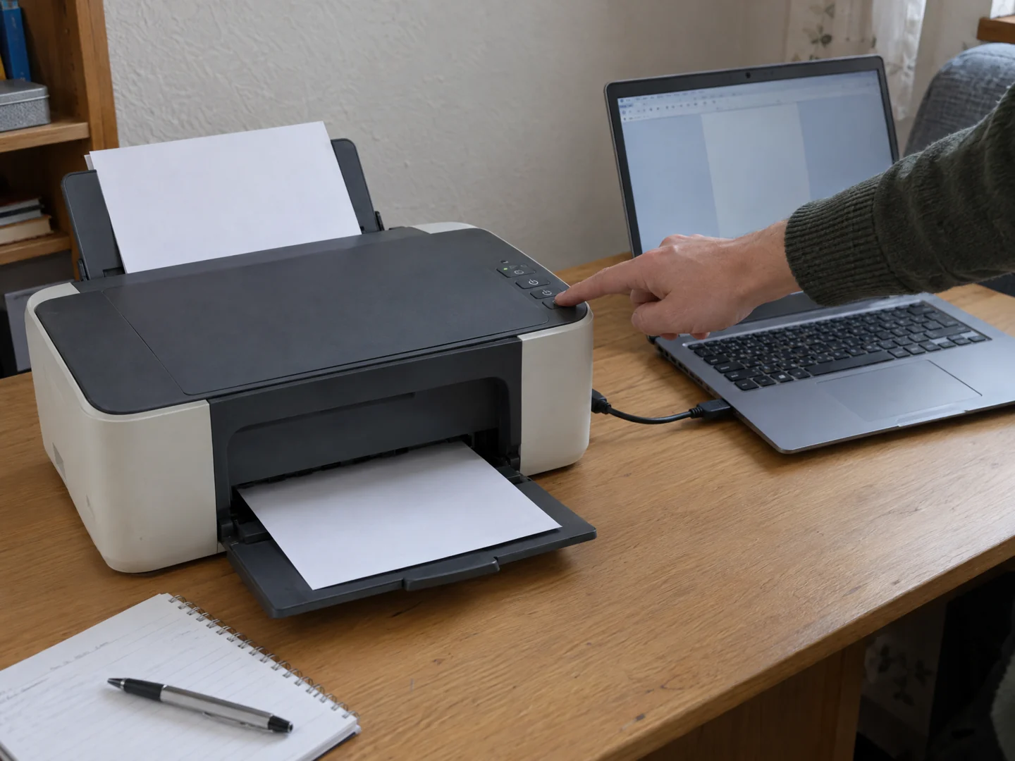 Illustrative scene of a printer connection check at a home desk