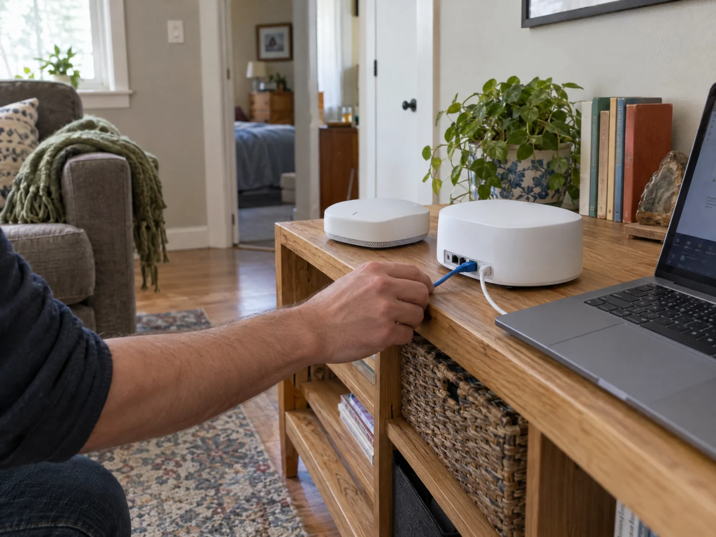 Illustrative scene of a technician checking a mesh router and Ethernet connection in a home