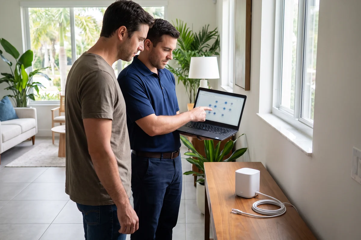 Illustrative scene of planning home Wi-Fi coverage with a laptop and mesh equipment